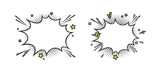 Surprising boom clouds for sales and promotions. Puff and pow smoke shapes for surprises and bursting events. Vector illustration isolated in white background - obrazy, fototapety, plakaty