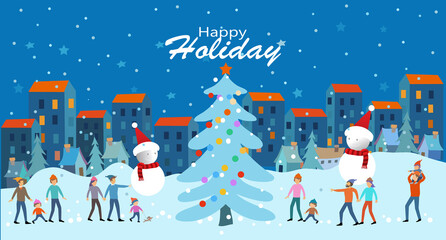 Flat minimalistic vector illustration with Happy Holidays lettering - Christmas greeting cards, banners, posters with people in seasonal festival markets and fairs on city square.