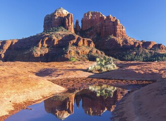 Scenic Landscape View of Iconic Cathedral Rock from Secret Slickrock Hiking Trail near Crescent Moon Ranch in Red Rock State Park, Sedona Arizona