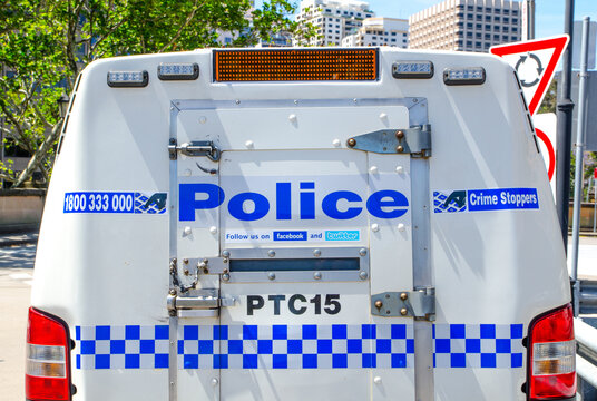 SYDNEY, AUSTRALIA. – On November 10, 2017. - The rear of New South wales police van with lock up room, parking at Sydney downtown, the image in close up.