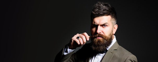 Beard man with classic long beard amd mustaches, bearded gay. Barber, barbershop. Mustache moustache men. Templates web banner design. Horizontal website header.