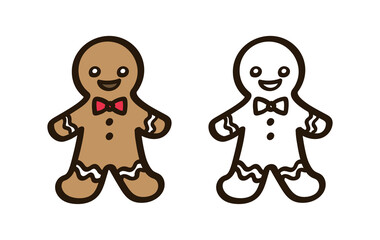 Gingerbread man with bow tie doodle colored and outline clipart set