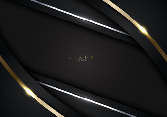 Abstract modern template luxury style black stripes with golden lines and lighting sparkles decoration design on dark background