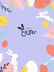 Happy Easter greeting card, poster, holiday cover, sale banner. Trendy design with typography, hand painted plants, dots, eggs and bunny, in pastel colors on light violet. Modern art minimalist style.