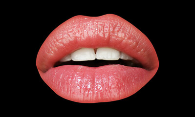 Open mouth with macro red female lips isolated icon.