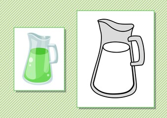 Printable worksheet. Coloring book. Cute cartoon juice in jar. Vector illustration. Horizontal A4 page Color green.