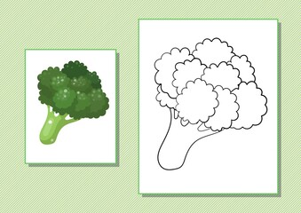 Printable worksheet. Coloring book. Cute cartoon cauliflower. Vector illustration. Horizontal A4 page Color green