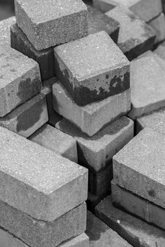 Close up shot of stack of bricks at construction site.