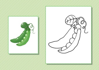 Printable worksheet. Coloring book. Cute cartoon peas. Vector illustration. Horizontal A4 page Color green
