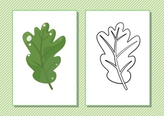 Printable worksheet. Coloring book. Cute cartoon oak leaf. Vector illustration. Horizontal A4 page Color green.