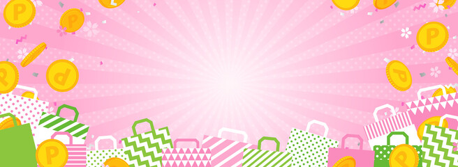 ショッピング・セール向け　バナーテンプレート／ポイントコイン、紙袋、桜のフレーム