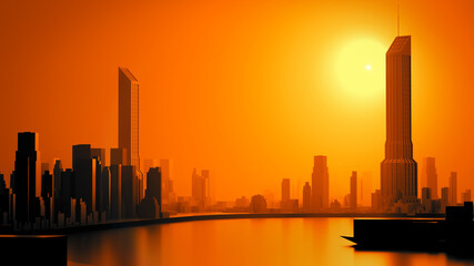 Sunset building city background simplified concept 3d rendering.