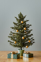 Decorated Christmas tree with parcels. High quality 3d illustration