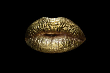 Golden design. Golden lipstick closeup. Lips with metal makeup. Sexy lips, Metallic lipstick close up.
