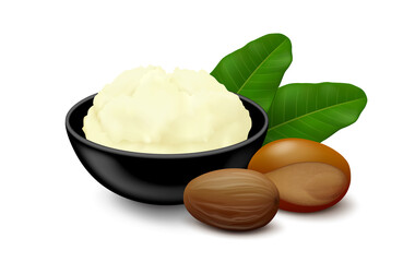 Shea (Vitellaria paradoxa) butter in a black ceramic bowl, two nuts (shelled, unshelled) and leaves isolated on white background. Side view. Realistic vector illustration.