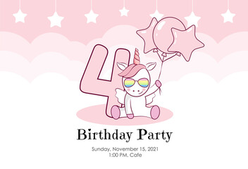 Birthday invitation for baby girl with cute unicorn, balloons and clouds in pink colors. Ready to use and editable template. An invitation for children and adults. Fourth year of birth. 