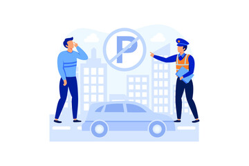 Parking fines illustration exclusive design inspiration. Police writing a parking fine to a car parked in a prohibited place.