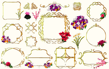 冬 花 アンティーク フレーム ベクター テンプレート セット