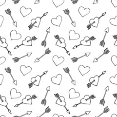 heart and arrow seamless pattern hand drawn doodle. vector, scandinavian, minimalism. wallpaper, textile, wrapping paper, background. love, romance, valentine day.