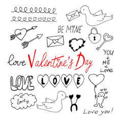 valentine day set hand drawn doodle. vector, scandinavian, minimalism. icon, sticker, card. love, romance.