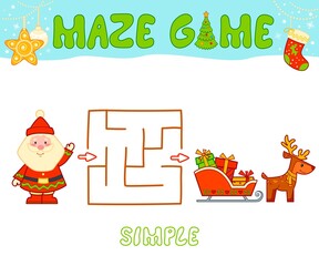 Christmas Maze puzzle game for children. Simple Maze or labyrinth game with Christmas Santa claus.
