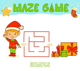 Christmas Maze puzzle game for children. Simple Maze or labyrinth game with Christmas boy elf.
