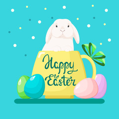 Cute rabbit in a cup. Greeting card for Easter. Cartoon design.

