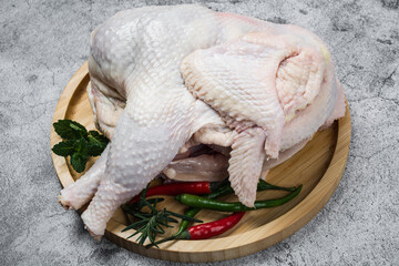 Raw chicken with spices and cilantro ready to be prepared. Copy space background.