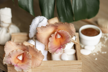 Spa composition with Thai orchid flowers and bath accessories.