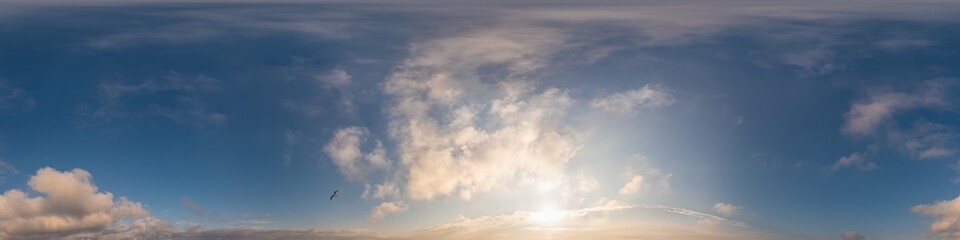 Fototapeta premium Blue sky panorama with Cirrus clouds in Seamless spherical equirectangular format. Full zenith for use in 3D graphics, game and editing aerial drone 360 degree panoramas for sky replacement.
