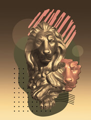 Collage with lion in a pop art style. Modern creative concept image with ancient statue.