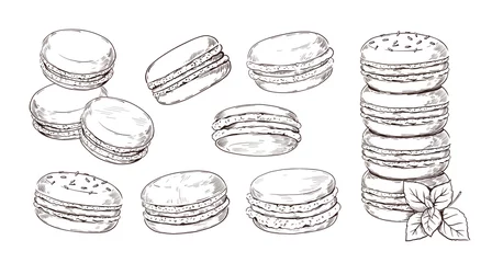 Foto op Plexiglas Hand drawn macaron. French biscuit dessert of almond flour. Vintage macaroon etching. Restaurant and cafe pastry. View from different edges and stack of cookies. Vector bakery sketches set © SpicyTruffel