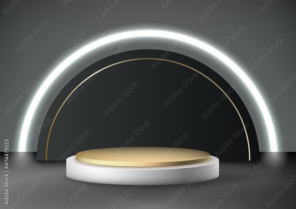Poster Realistic platform background. 3D product stand. Abstract scene with empty podium mockup for goods display. Exhibition geometric base and spotlight. Vector minimalistic studio backdrop