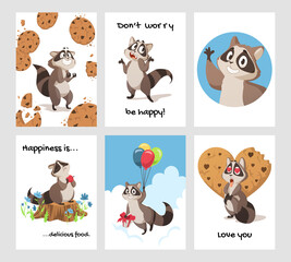 Raccoon greeting card. Cartoon hand drawn poster with curious woodland animal with paws and tail. Funny character emotion expressions. Forest creature and cookies. Vector invitations set