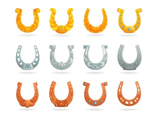 Naklejka premium Cartoon horseshoe. Golden silver copper horse shoe. Decorated lucky symbols with ornaments and gemstones. Isolated blacksmith elements. Fortune talisman collection. Vector curve shapes set