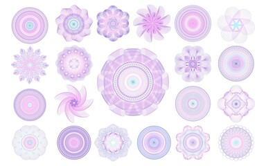 Guilloche watermark. Banknote and voucher line emblems. Curve graphic for diploma and certificate. Money protection signs with scrolls and circles. Warranty document. Vector icons set