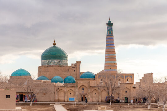 The Islam Khoja (or Hozha) minaret, Ichan Kala (or Itchan Qala is walled inner town of the city of Khiva, a UNESCO World Heritage Site), Khiva city, Uzbekistan.
