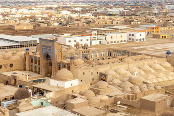 Panoramic view of the Ichan Kala city (or Itchan Qala is walled inner town of the city of Khiva, a UNESCO World Heritage Site), Khiva city, Uzbekistan.