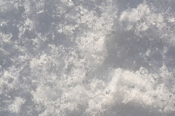 Snow background, close up snow texture, macro snowflakes.