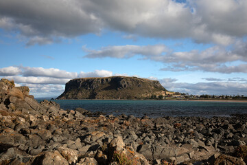 Fototapeta na wymiar The historic village of Stanley, in far north-west Tasmania, is nestled at the base of the Nut, a sheer-sided bluff - all that remains of an ancient volcanic plug.