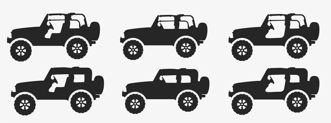 Ensemble de voiture tout-terrain moderne, illustration vectorielle silhouette isolée