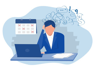 Fototapeta na wymiar businessman overworked at office desk. Man fatigue with headache concept vector illustrator