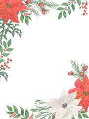 Watercolor painting  card template with space for text. Poinsettia flowers, berry, cedar branches - winter illustration