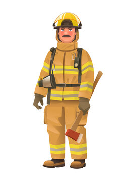 Firefighter man wearing protective uniform and helmet holding an ax in hand. Full length fireman with equipment