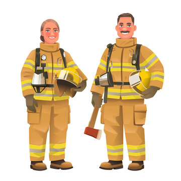 Firefighters. Happy man and a woman, fire service workers, wearing protective uniforms. Firewoman and fireman