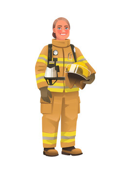 Full length firefighter woman in protective uniform and with a helmet. Happy firewoman over white background