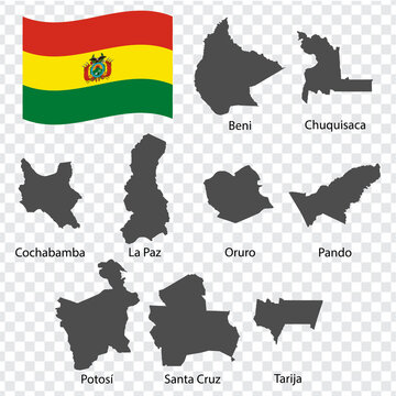 Nine Maps  Departments of Bolivia - alphabetical order with name. Every single map of Departments  are listed and isolated with wordings and titles.  Plurinational State of Bolivia. EPS 10.