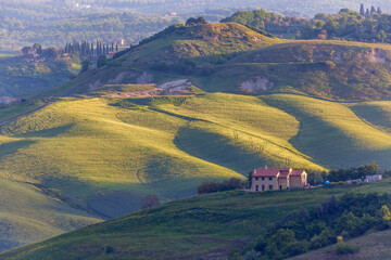 Naklejka premium Rolling landscape with a house on slope