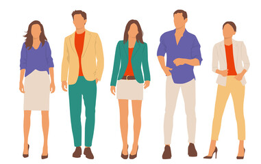Obraz premium Set of young men and women, different colors, cartoon character, group of silhouettes of standing business people, students, the design concept of flat icon, isolated on white background