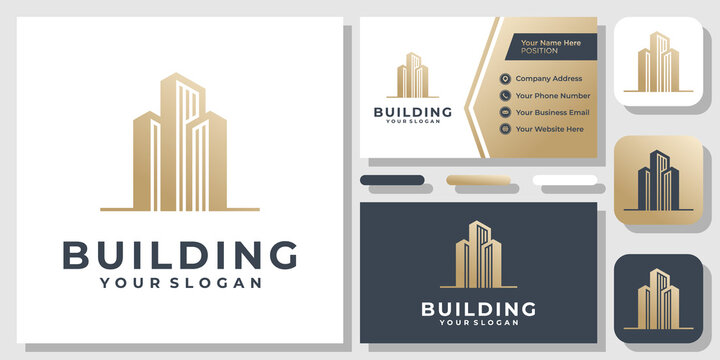 Buildings Gold Luxury Elegant City Abstract Architecture Logo Design with Business Card Template